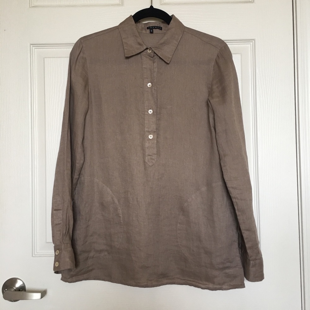 Theory Linen taupe blouse tunic sz Small